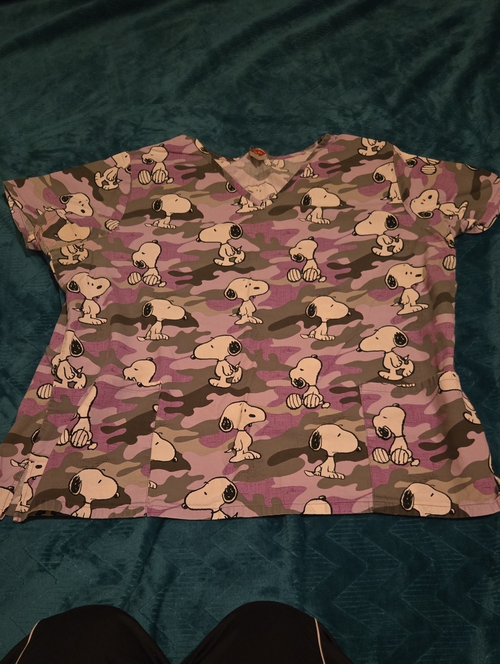 Womans Purple Camo Snoopy Print Scrub Top